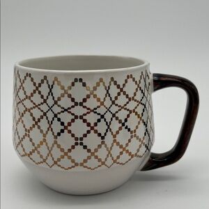Large Stoneware White Gold Brown Coffee Tea Cup Mug Geometric Patterned
